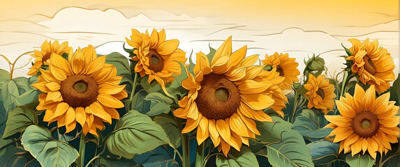 A warm-toned illustration of a bright, golden field full of large, blooming sunflowers under a yellow sky