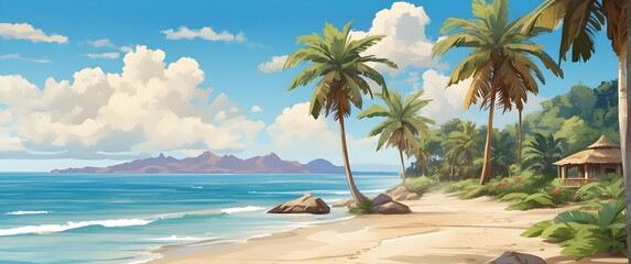 An inviting beach scene with tall palm trees and a view over a serene ocean to a distant island