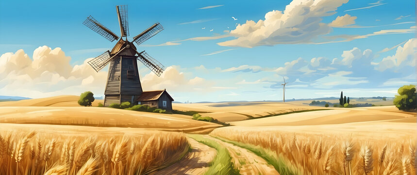 A serene digital painting featuring a classic windmill amidst a golden wheat field, under a cloud-filled sky