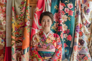 A delightful young woman in a vivid kimono is surrounded by a tapestry of fabric designs, highlighting cultural fashion
