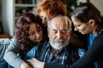 An elderly man is comforted by his female relatives in a supportive and emotional family scene