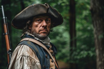 Obraz premium A man dressed as a soldier from the past, with a focused gaze and detailed costume capturing the historical essence