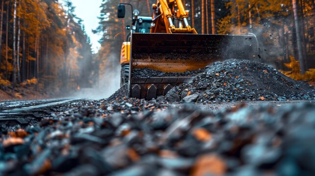During construction works with bobcat mini loader is moving uploaded bucket crushed stone gravel