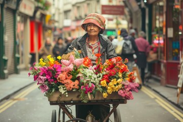 A mature flower vendor with a diverse assortment of flowers smiling in a city environment