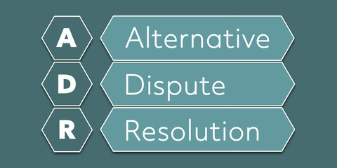 ADR Alternative dispute resolution. An Acronym Abbreviation of a financial term. Illustration isolated on cyan blue green background