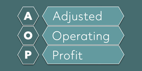 AOP Adjusted operating profit. An Acronym Abbreviation of a financial term. Illustration isolated on cyan blue green background