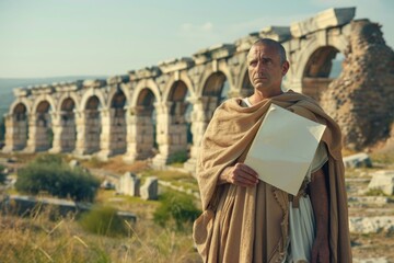 Fototapeta premium Historic portrayal of a man in ancient Roman attire holding a papyrus scroll against an aqueduct backdrop