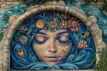 Obraz premium a painting of a woman with blue hair and flowers in her hair