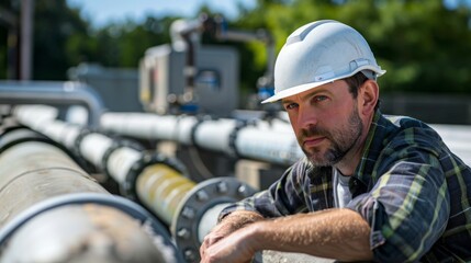 A Engineer man looking inspecting maintenance insulated pipelines valve pump control on the roof at an industrial site, serious stressed face