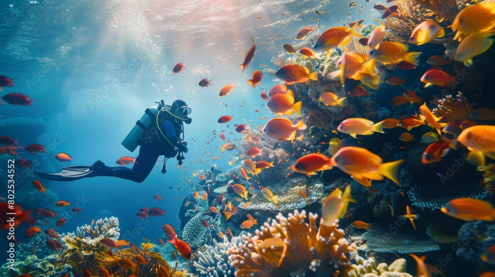 Poster an underwater scene with a diver surrounded by colorful fish and coral, presenting a lively aquatic 