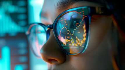 Trader watching the markets on a monitor with the charts reflected in their glasses