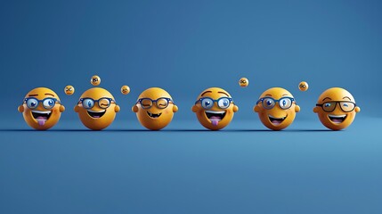 A collection of vibrant, animated emojis wearing glasses, each one joyfully posing with folded arms, set against a stylish navy blue background
