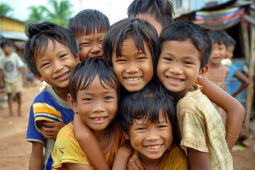 Group of happy asian children smiling at camera in the village.