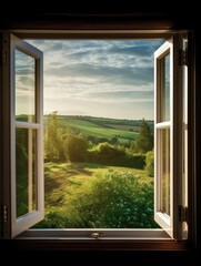A window with a view of a green field and a cloudy sky
