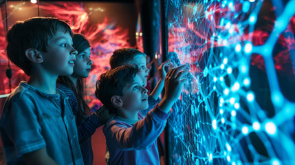 Children of various ages working on a giant interactive display with neural network simulations