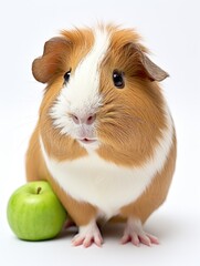 A small brown and white guinea pig is sitting on a green apple