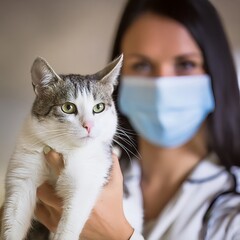 Woman Wearing Face Mask Holding Cat. Generative AI