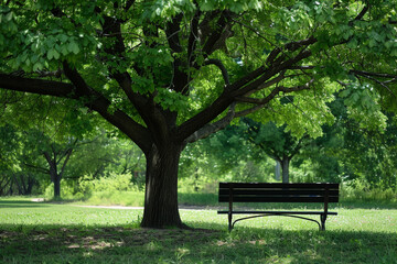 A park bench nestled under the shade of a large green tree.