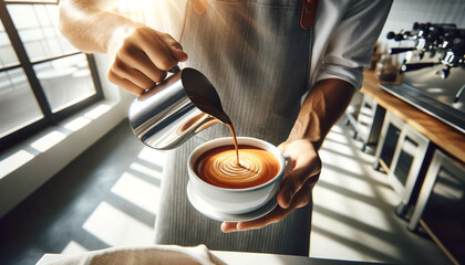 Sunlit Coffee Shop Scene: Barista Pouring Espresso into White Cup