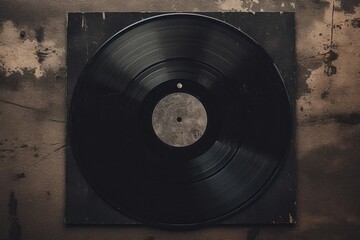 A black record sits on a dirty surface