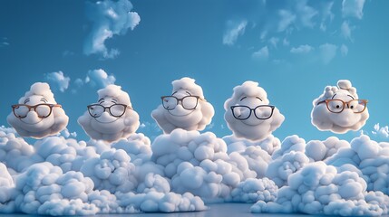 A row of cheerful, anthropomorphic clouds wearing glasses, proudly posing with folded arms, set against a serene navy blue sky backdrop scattered with fluffy white clouds