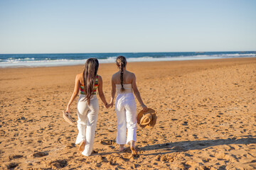 multicultural Latina lesbian couple walking hand in hand along the beach on a summer day, their...