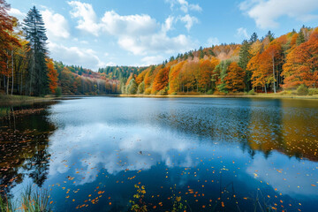 A panoramic view of a serene forest lake reflecting the vibrant colors of autumn.