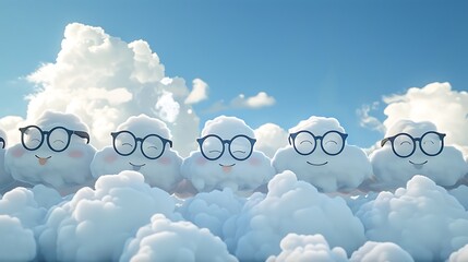 A row of cheerful, anthropomorphic clouds wearing glasses, each one proudly posing with folded arms, set against a sunny navy blue sky backdrop filled with fluffy clouds