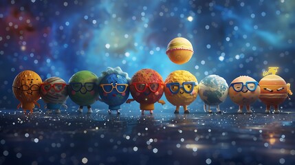 A row of smiling, anthropomorphic planets wearing glasses, each confidently posing with folded...
