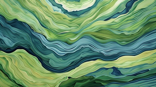 Thick brushy strokes of green and blue blend together to form a layered depiction of a rivers everchanging course..