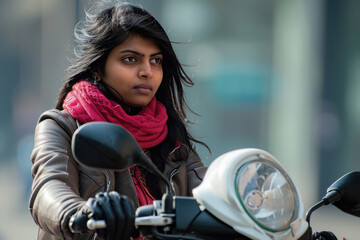 young indian woman riding motorcycle