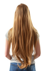 Fototapeta premium Rear view of blonde woman with long wavy hair isolated on transparent background