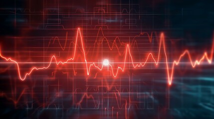 Red Glowing Heartbeat Monitor Line on Dark Blue Circuit Board Background