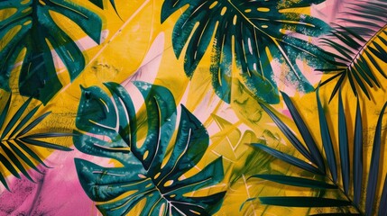 Tropical leaf motifs in bold hues of emerald green sunshine yellow and hot pink bringing to mind the bright and lively atmosphere of lush island landscapes..