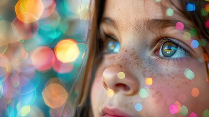 A close up of a little girl with black hair, bangs, smiling, with twinkling Christmas lights reflecting in her iris, eyelashes, nose, and rosy cheeks. A beautiful scene filled with joy and fun AIG50 - obrazy, fototapety, plakaty