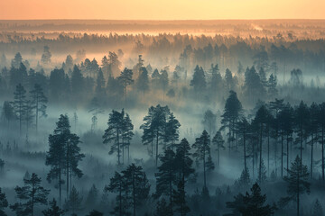 A panoramic view of a mist-covered forest at dawn, with the first rays of sunlight peeking through.