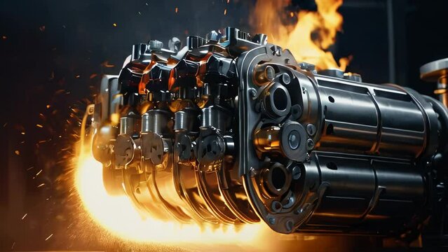working V8 engine with explosions and sparks inside of another machine. Pistons and other mechanical parts are in motion