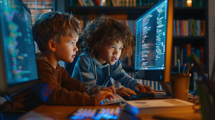 Two children, one with curly hair, the other with straight hair, deeply engaged in coding neural networks on a shared computer