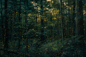 Obraz premium A panoramic view of a dense forest illuminated by the soft glow of fireflies.