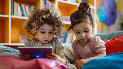 Two young children, one with curly hair and another with pigtails, engaged in creating neural networks on tablets