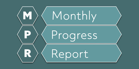 MPR Monthly Progress Report. An Acronym Abbreviation of a financial term. Illustration isolated on cyan blue green background