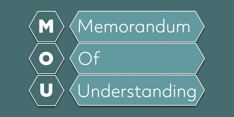 MOU Memorandum of understanding. An Acronym Abbreviation of a financial term. Illustration isolated on cyan blue green background