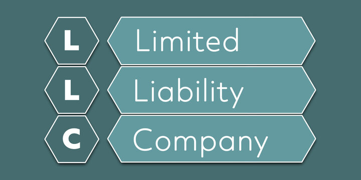LLC Limited Liability Company. An Acronym Abbreviation of a financial term. Illustration isolated on cyan blue green background