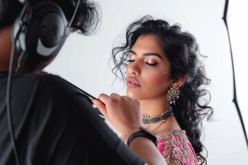 Young beautiful woman doing make up from professional make up artist