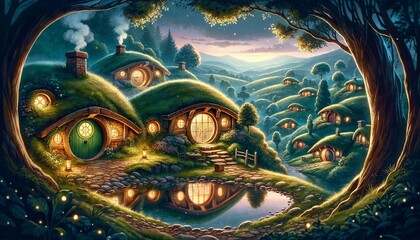 Whimsical Hobbit Village Sunset - AI generated digital art