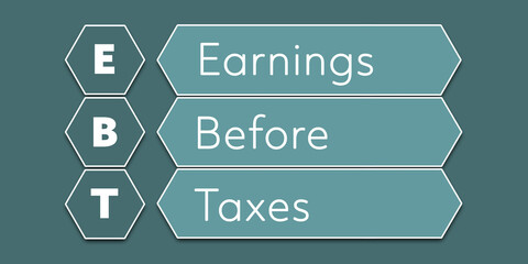 EBT Earnings before taxes. An Acronym Abbreviation of a financial term. Illustration isolated on cyan blue green background