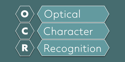 OCR optical character recognition. An Acronym Abbreviation of a financial term. Illustration isolated on cyan blue green background
