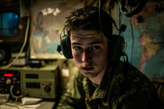 A young soldier wearing a headset looks serious in a military command room