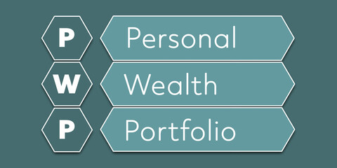 PWP Personal Wealth Portfolio. An Acronym Abbreviation of a financial term. Illustration isolated on cyan blue green background