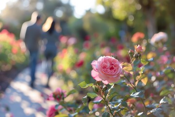 A vibrant pink rose blooms prominently in a sunlit garden, with soft focus on a couple in the background amidst green foliage